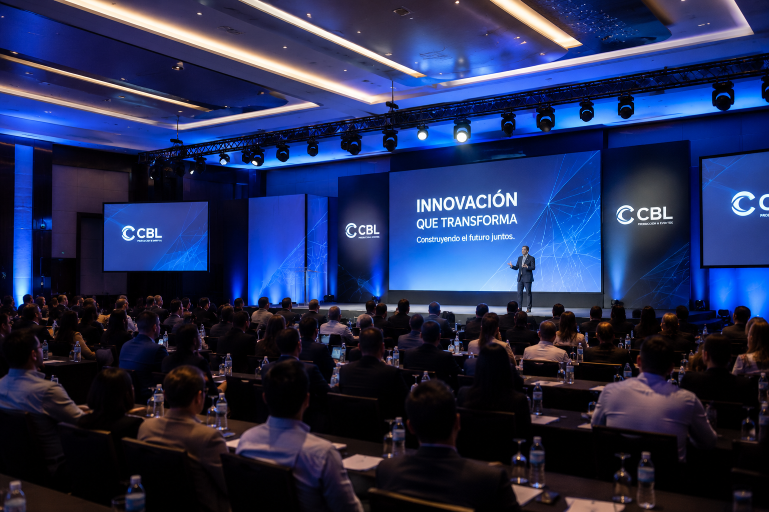 Producción de evento corporativo con escenario profesional, pantallas LED e iluminación escénica