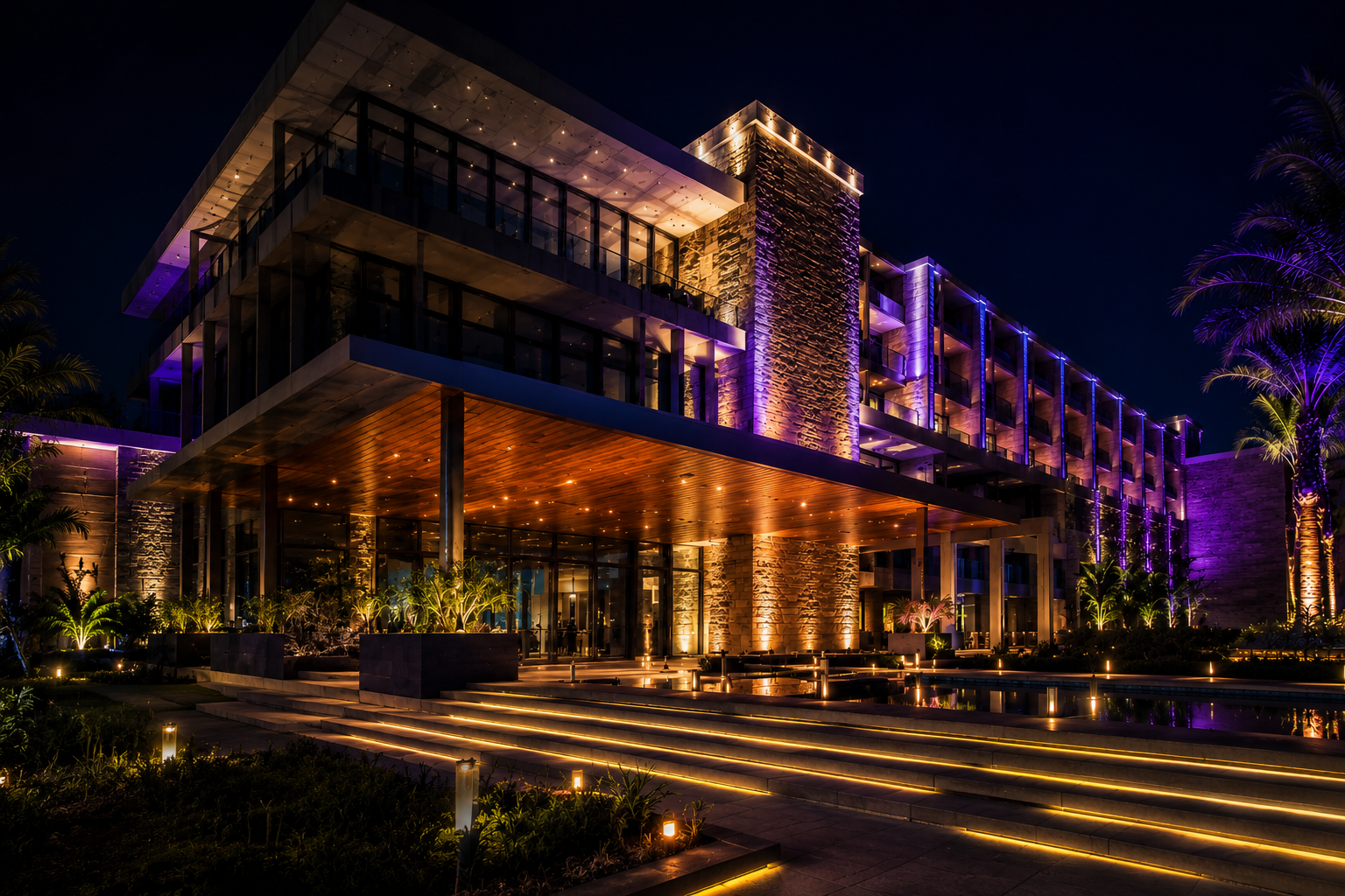 Edificio corporativo iluminado con diseño de iluminación arquitectónica profesional, destacando fachadas, estructuras y espacios exteriores mediante tecnología LED de alto impacto.