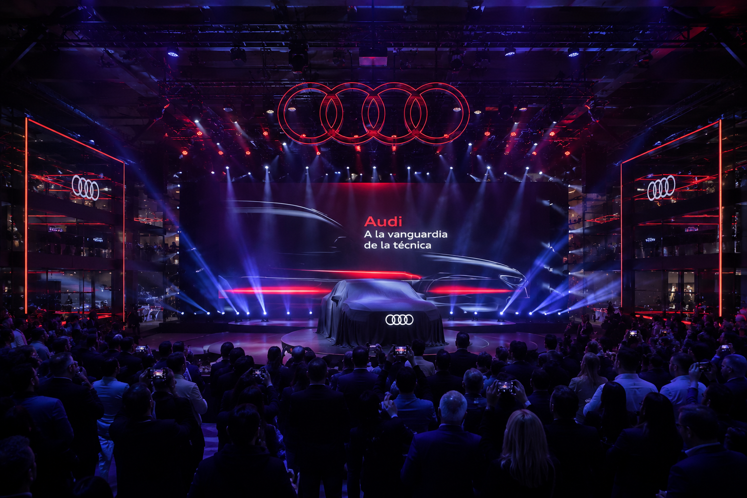Lanzamiento de marca corporativa con escenario LED, iluminación profesional, producción audiovisual y experiencia inmersiva para presentación de producto.