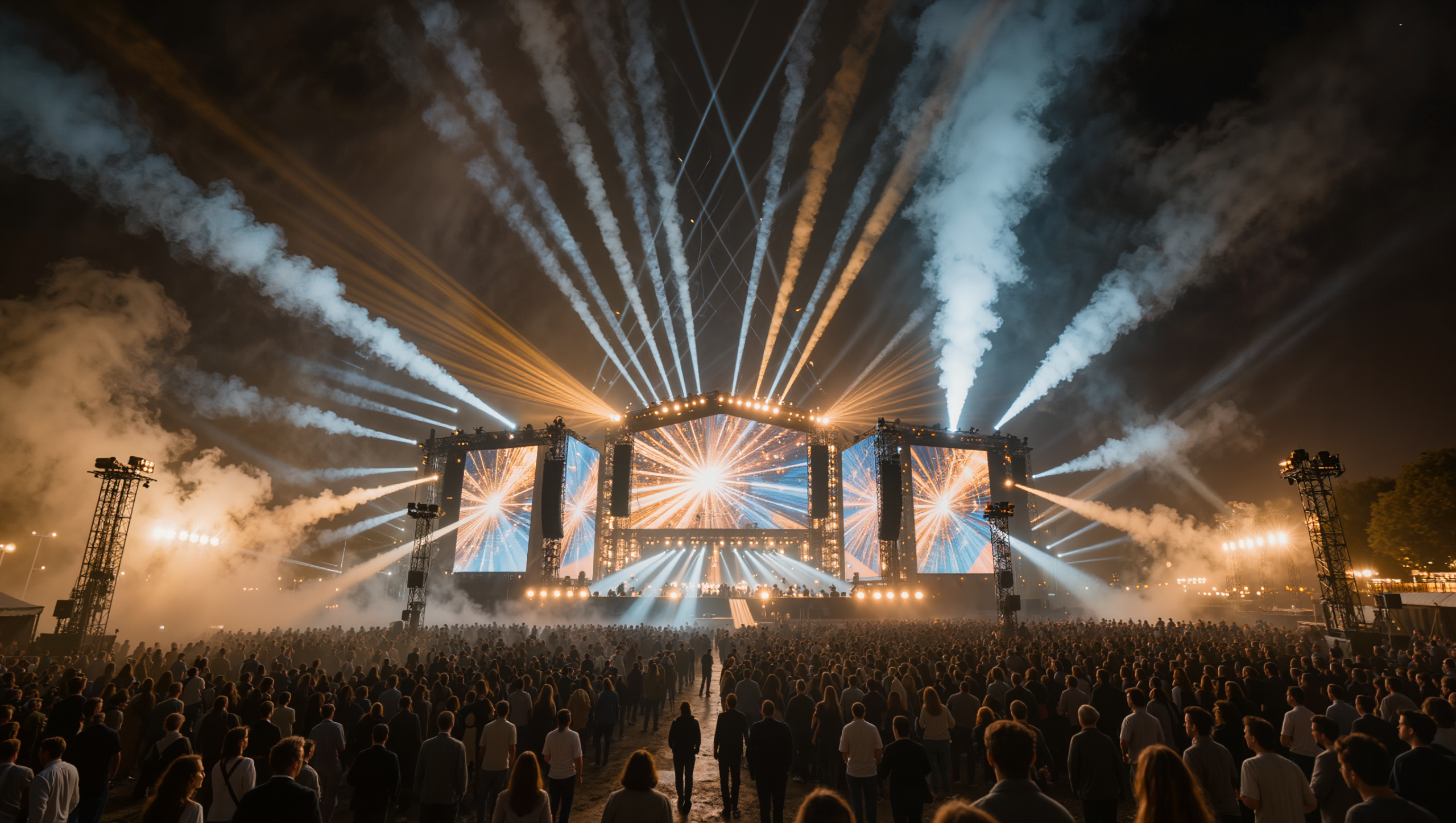 Eventos masivos con iluminación profesional, escenarios y producción audiovisual de gran formato.