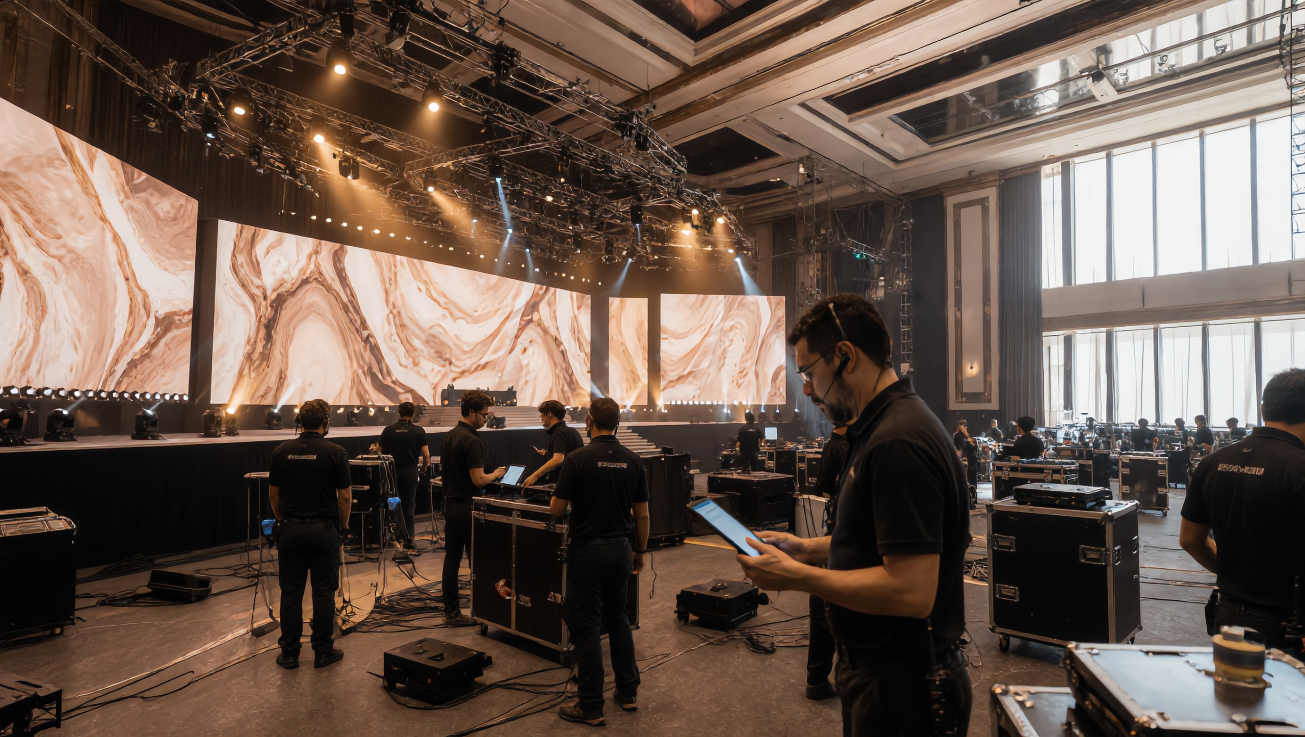 Equipo técnico de Changing by Lighting realizando el montaje de iluminación, pantallas LED, audio y producción para un evento corporativo.