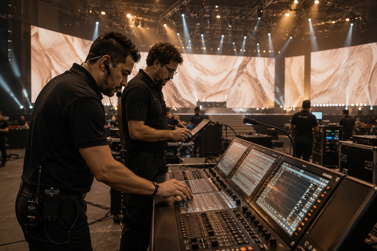 Especialistas de producción operando una consola profesional durante la preparación técnica de un evento corporativo.
