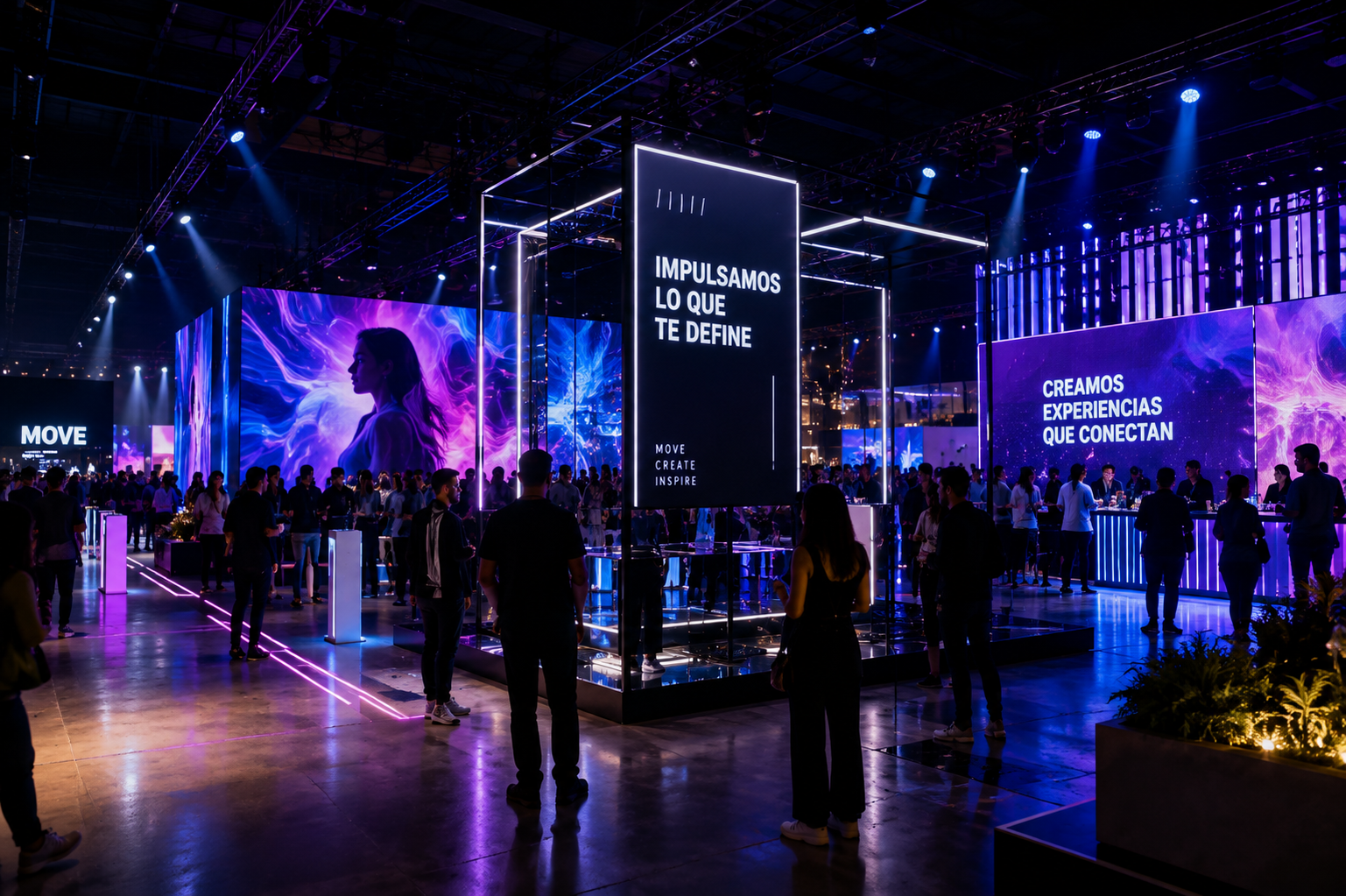 Activación de marca con pantallas LED, iluminación profesional y producción técnica para crear una experiencia inmersiva e interactiva en un evento corporativo.