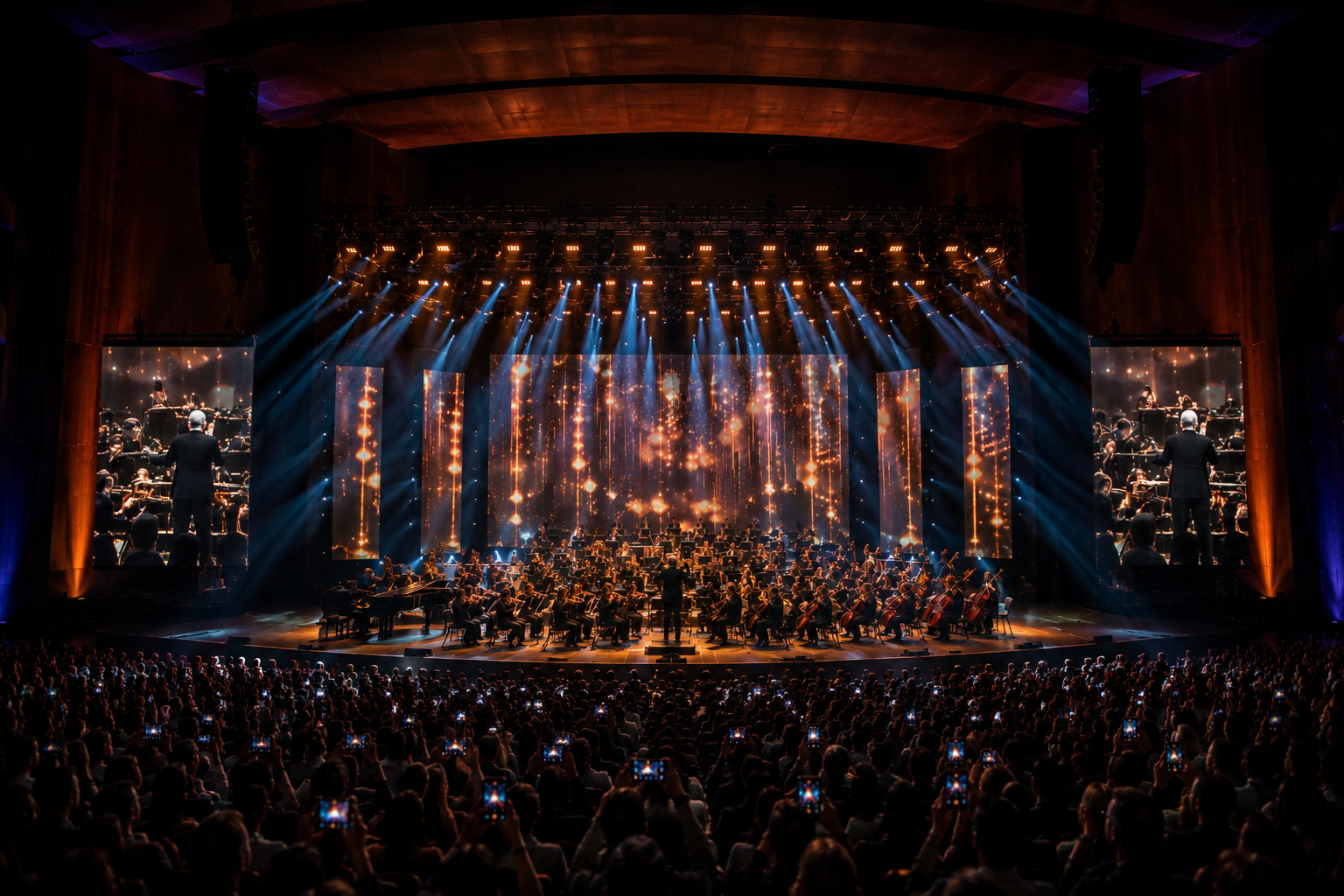 Concierto con orquesta sinfónica en un auditorio de gran formato con iluminación profesional, pantallas LED, audio y producción técnica especializada realizada por Changing By Lighting.