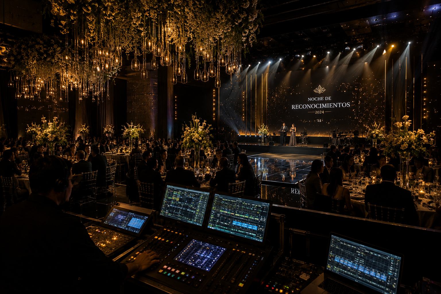 Producción técnica para evento social premium con iluminación profesional, audio, pantallas LED y ambientación de lujo realizada por Changing By Lighting.