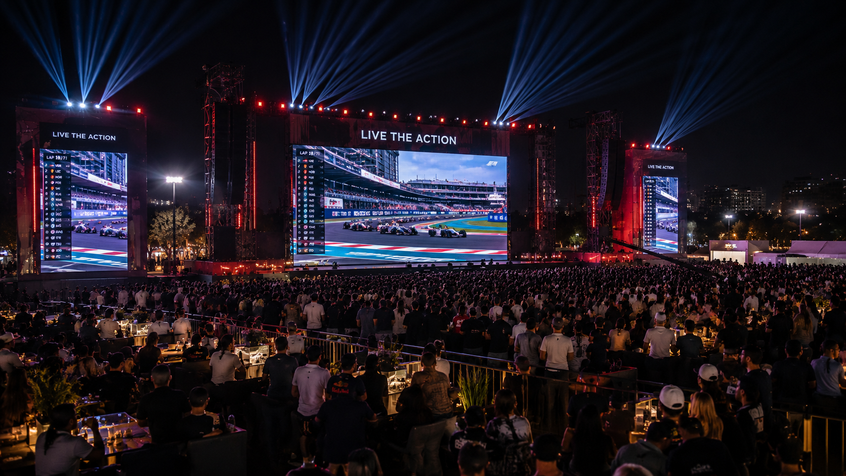 Fan Zone de gran formato con pantallas LED monumentales, audio profesional, iluminación espectacular y producción técnica especializada para eventos deportivos realizada por Changing By Lighting.