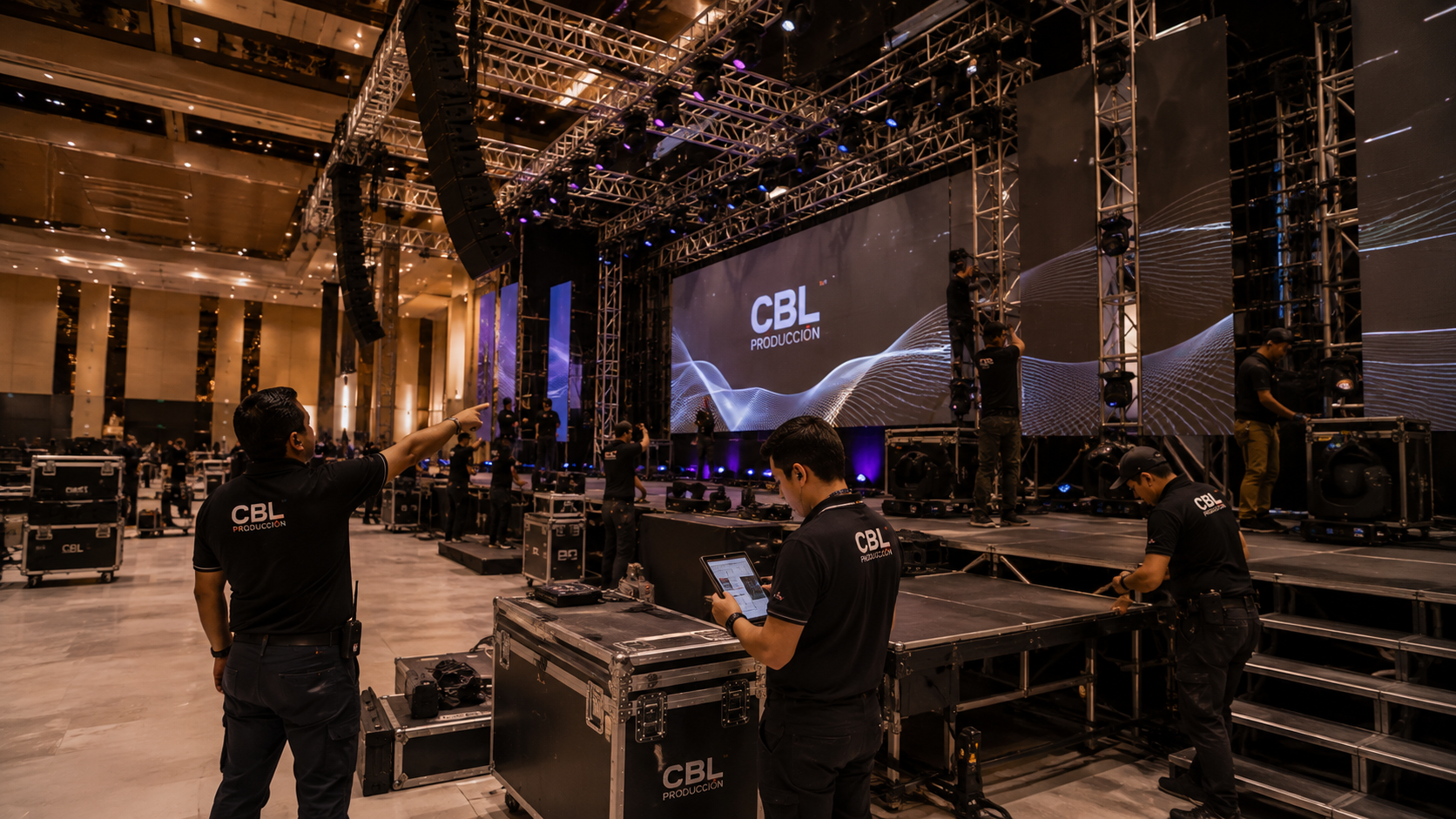 Equipo de CBL coordinando el montaje profesional de un escenario para un evento corporativo con pantallas LED, estructura truss y producción técnica.