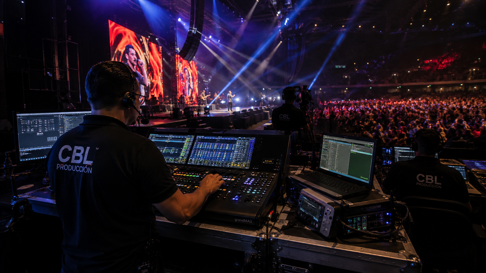 Equipo de CBL operando la consola de iluminación y producción durante un evento corporativo en vivo, coordinando cada detalle desde el backstage.