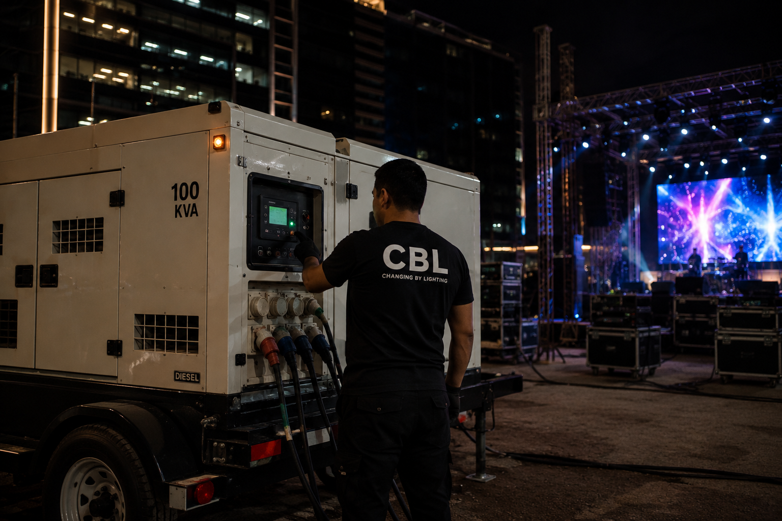 Técnico de Changing By Lighting monitoreando una planta de luz durante un evento, garantizando el suministro eléctrico continuo para la producción.