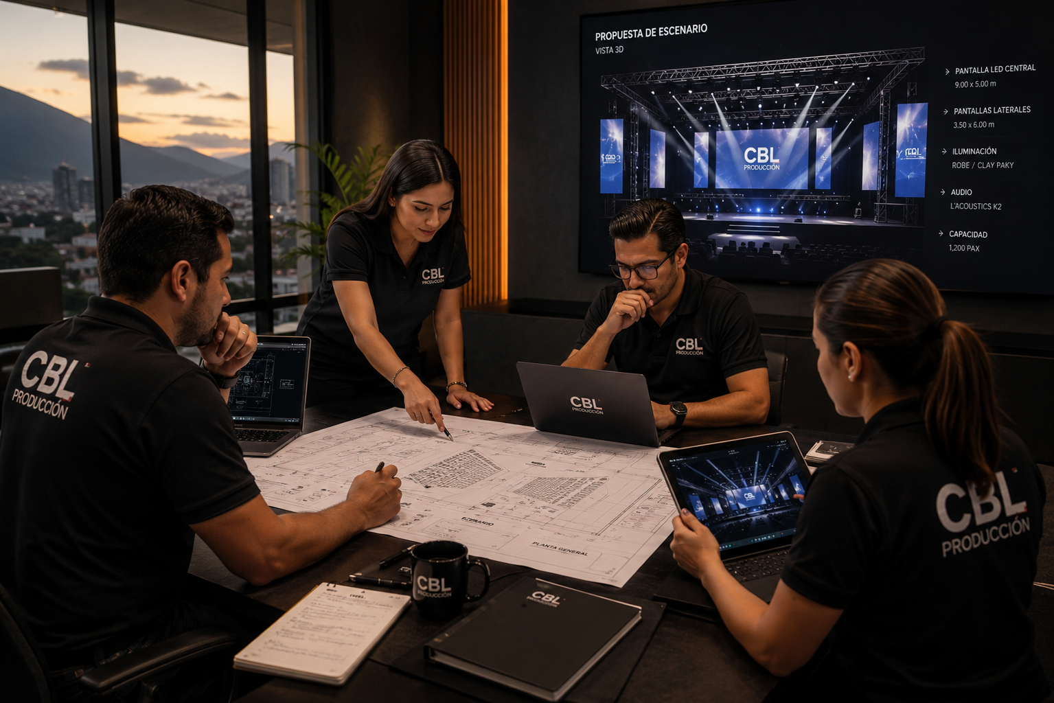 Equipo de CBL planificando un evento corporativo mediante planos técnicos, renders 3D y estrategia de producción para garantizar una ejecución exitosa.
