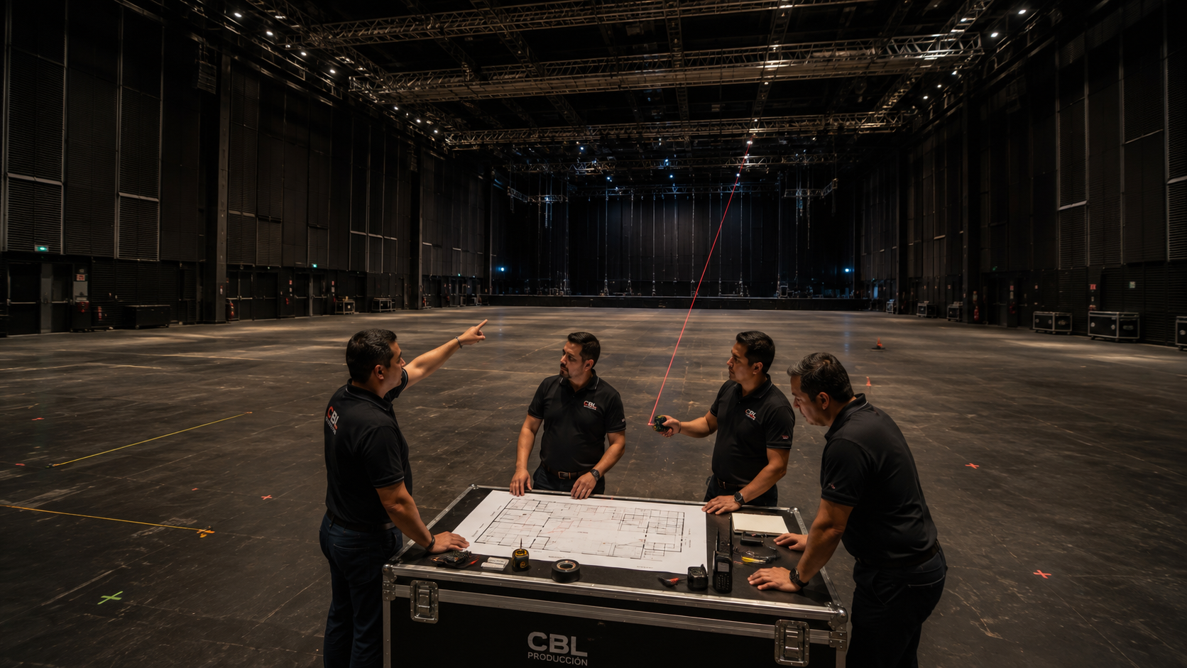 Equipo de CBL realizando el análisis técnico de un auditorio antes del montaje de un evento corporativo, definiendo la distribución y planificación de la producción.