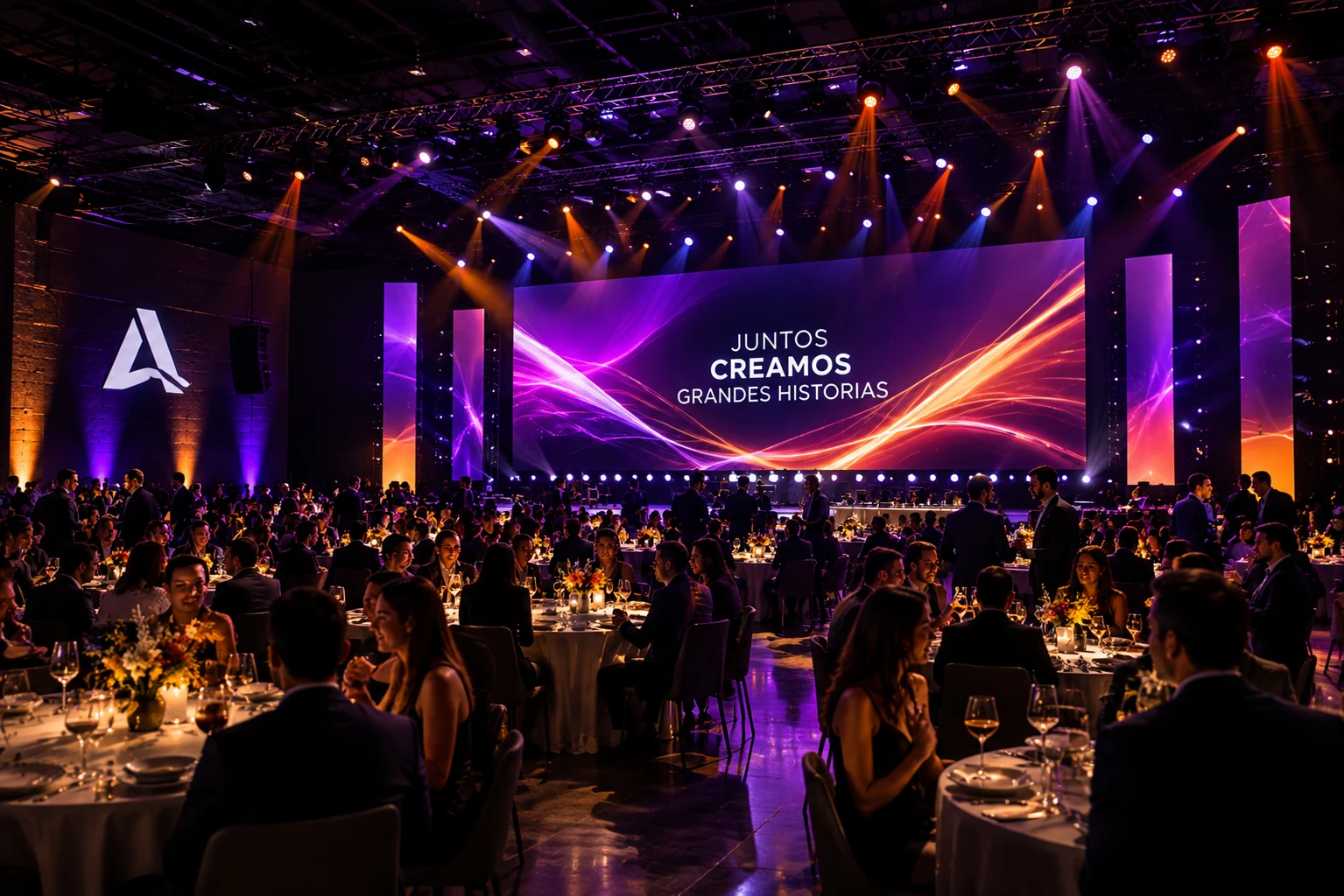 Producción de eventos empresariales con cena corporativa, escenario LED, iluminación profesional y asistentes en Ciudad de México.